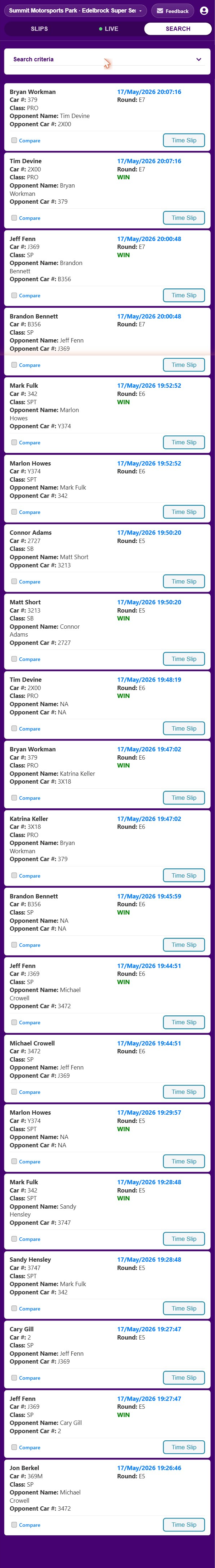 Search results list
